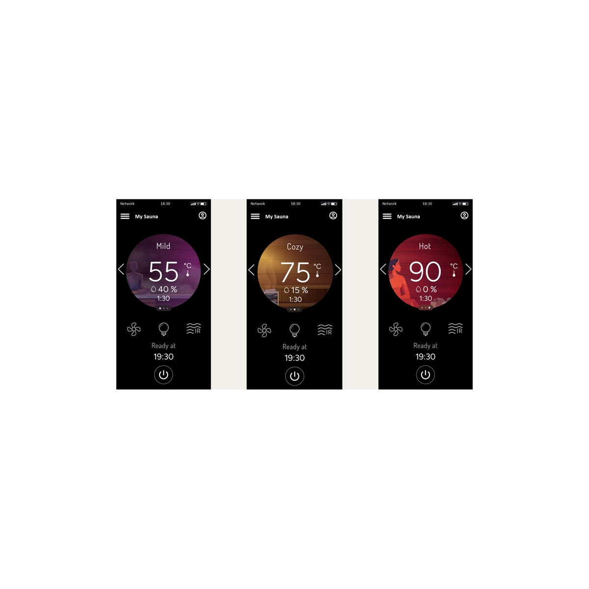 Harvia Fenix heating profiles Mild 55C, Cozy 75C and Hot 90C shown in the MyHarvia app