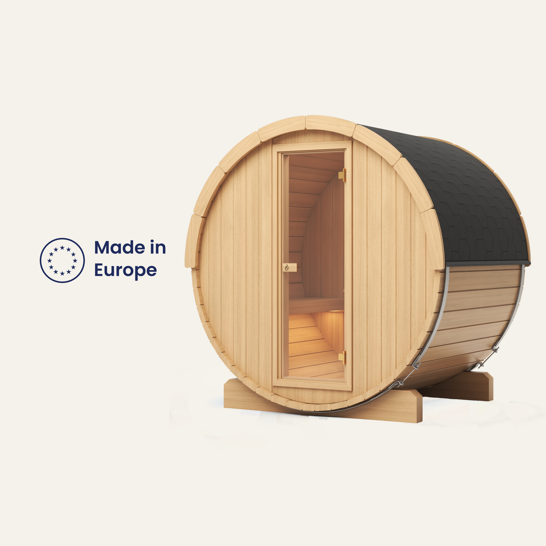 PlusLife Arc Barrel outdoor sauna in natural light timber with a glass door, on timber cradle feet