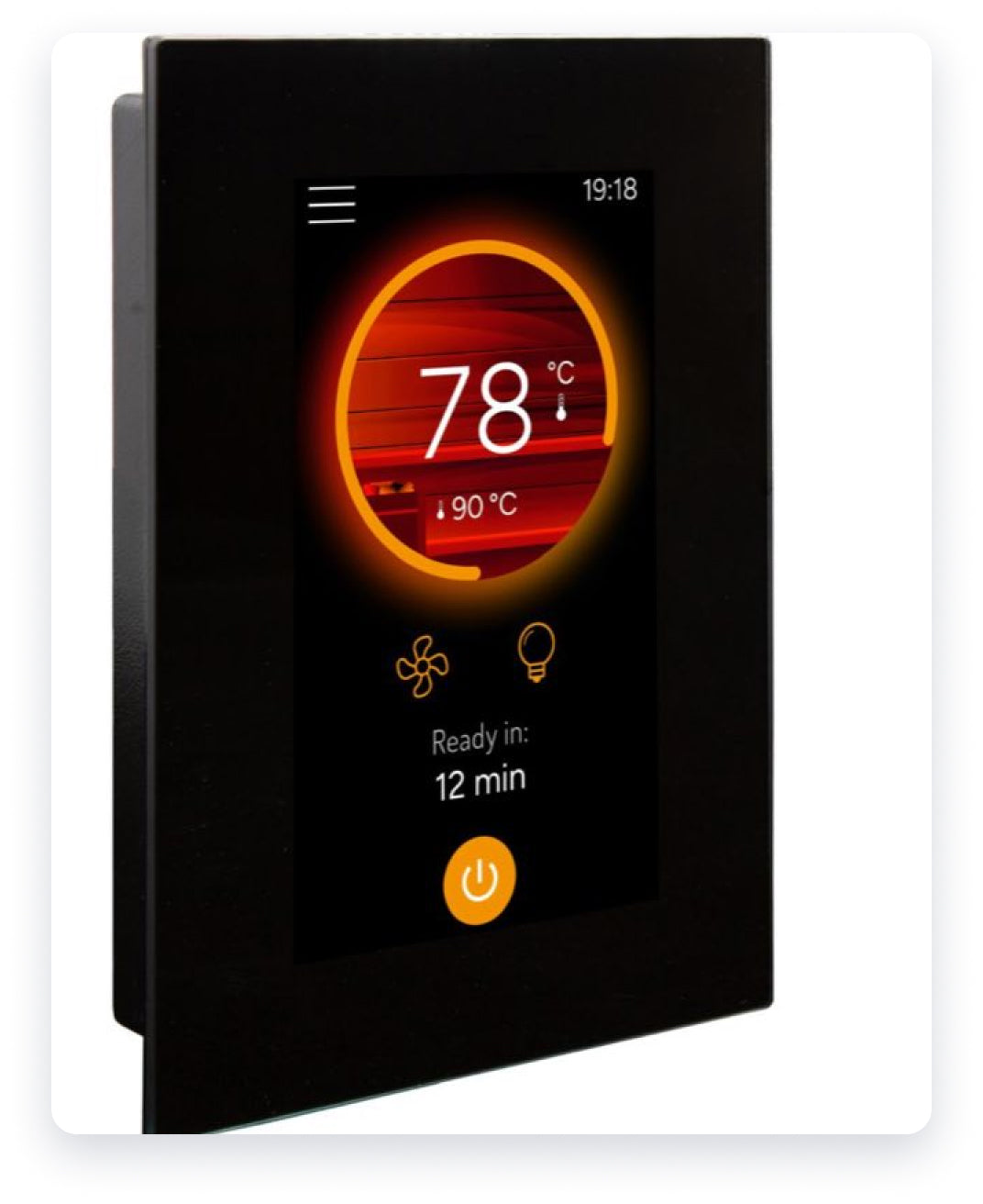 Harvia sauna control panel showing temperature and ready time
